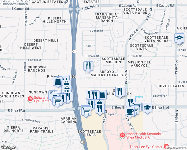 map of restaurants, bars, coffee shops, grocery stores, and more near 8936 East Mescal Street in Scottsdale