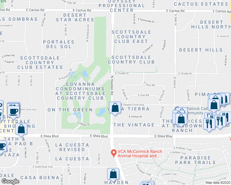map of restaurants, bars, coffee shops, grocery stores, and more near 11024 North 80th Place in Scottsdale