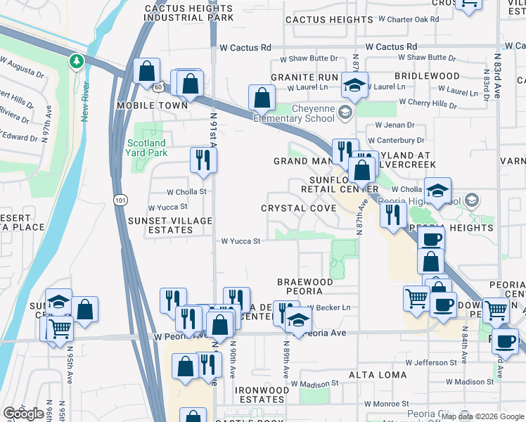 map of restaurants, bars, coffee shops, grocery stores, and more near 11411 North 91st Avenue in Peoria