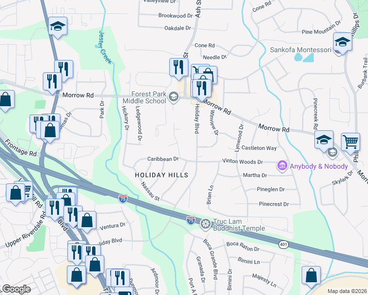 map of restaurants, bars, coffee shops, grocery stores, and more near 6162 Biscayne Drive in Forest Park