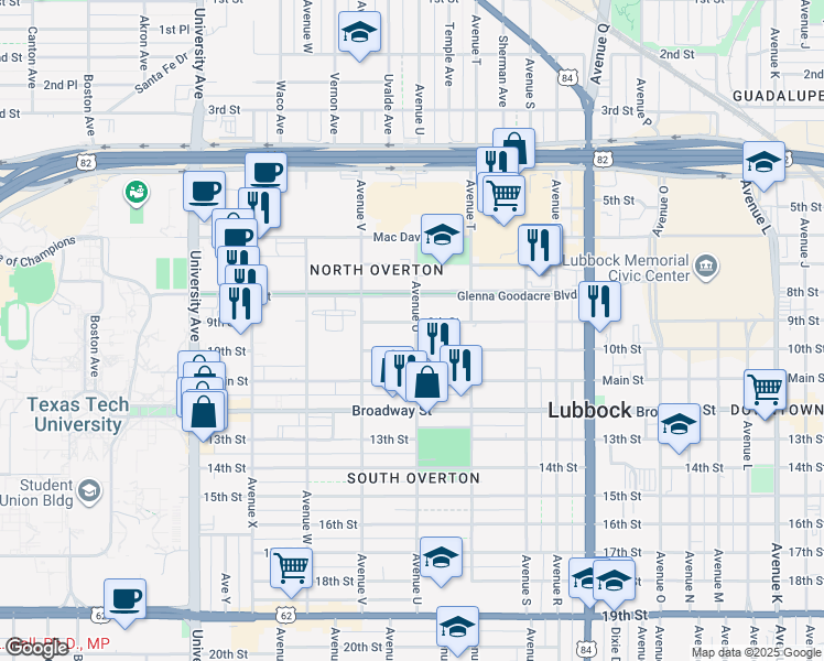 map of restaurants, bars, coffee shops, grocery stores, and more near 2102 10th Street in Lubbock