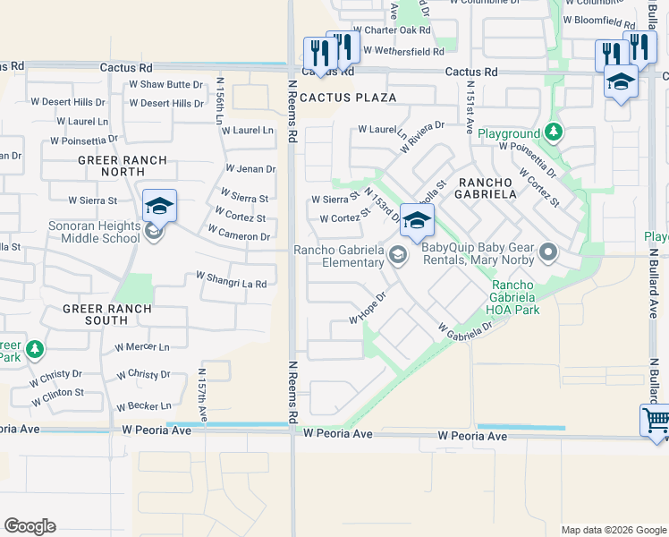map of restaurants, bars, coffee shops, grocery stores, and more near 15451 West Yucatan Drive in Surprise