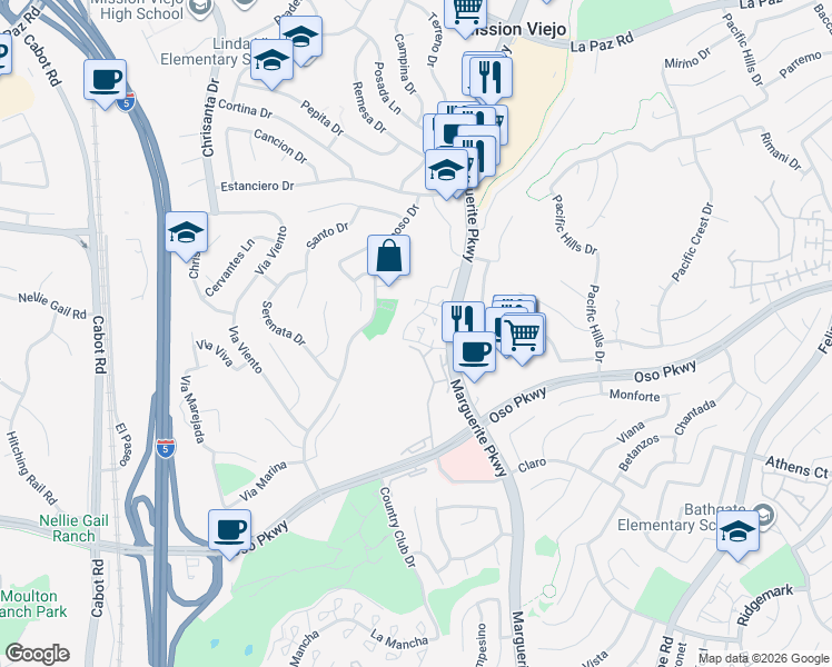 map of restaurants, bars, coffee shops, grocery stores, and more near 25865 Marguerite Parkway in Mission Viejo