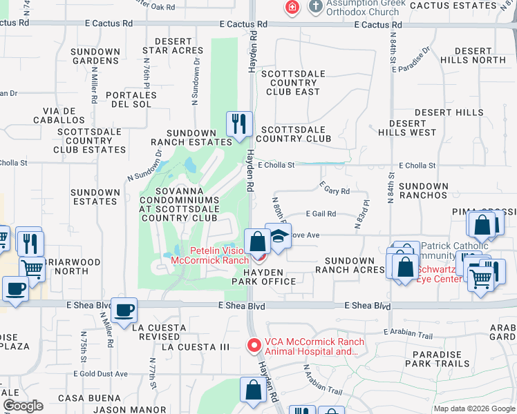 map of restaurants, bars, coffee shops, grocery stores, and more near 11024 North 80th Place in Scottsdale