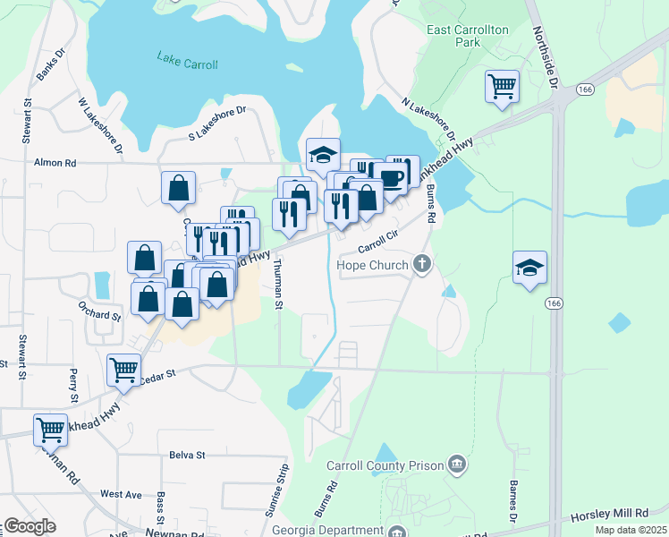map of restaurants, bars, coffee shops, grocery stores, and more near 135 Carroll Circle in Carrollton