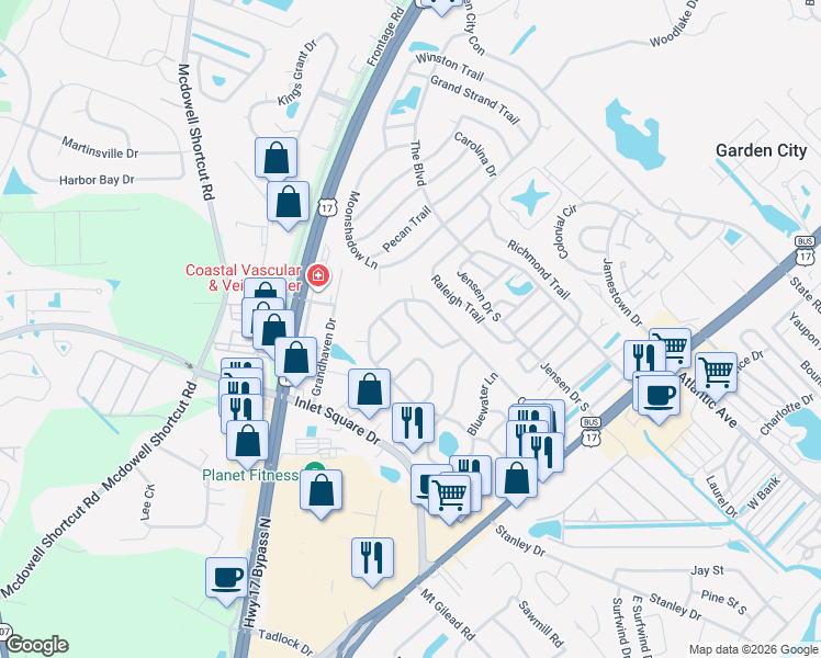 map of restaurants, bars, coffee shops, grocery stores, and more near 13 Topsail Lane in Murrells Inlet