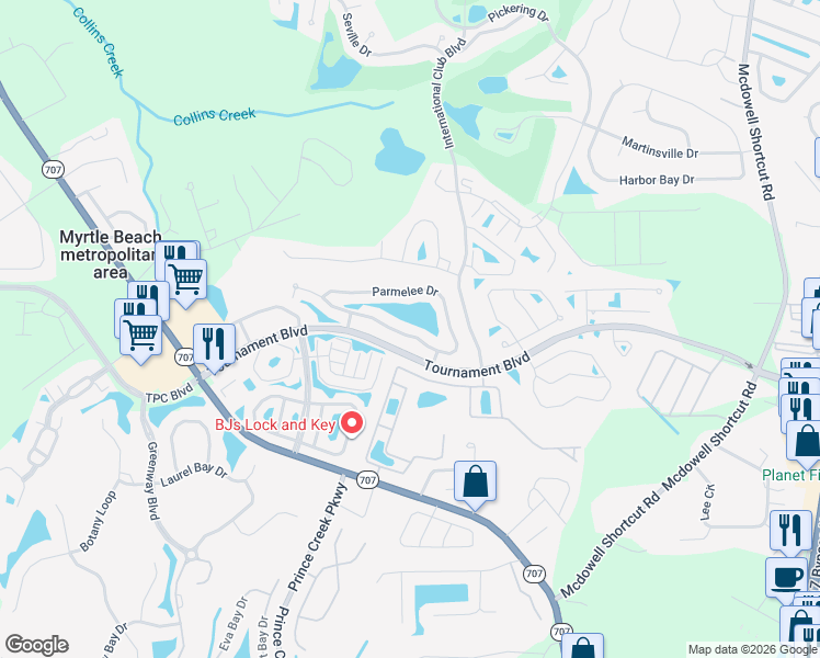 map of restaurants, bars, coffee shops, grocery stores, and more near 130F Parmelee Drive in Murrells Inlet
