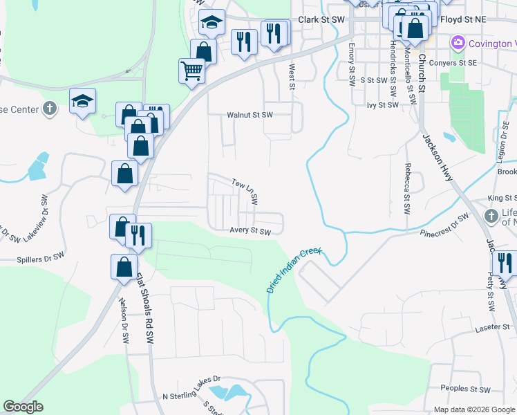 map of restaurants, bars, coffee shops, grocery stores, and more near 5201 Tew Lane Southwest in Covington