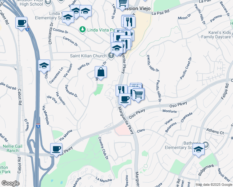 map of restaurants, bars, coffee shops, grocery stores, and more near 25895 Marguerite Parkway in Mission Viejo