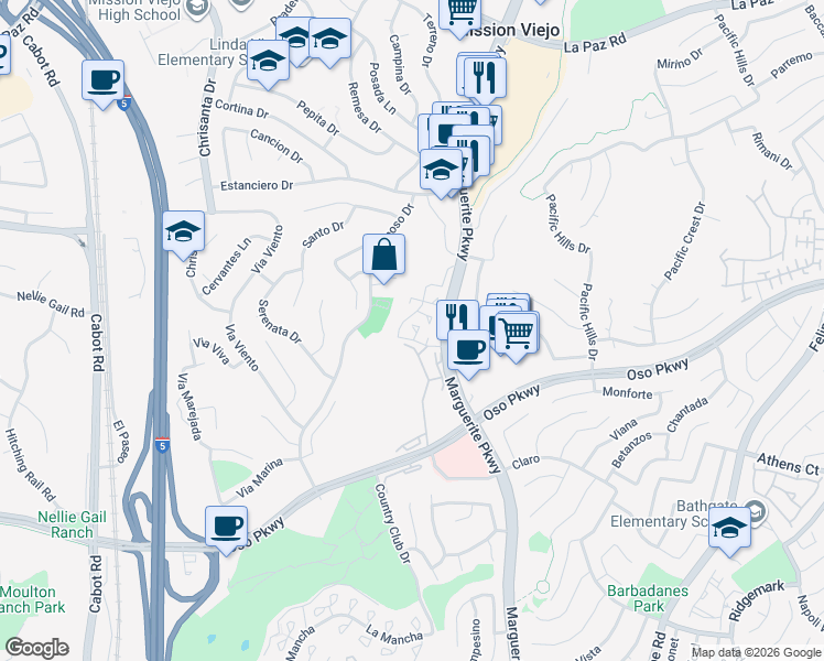 map of restaurants, bars, coffee shops, grocery stores, and more near 25865 Marguerite Parkway in Mission Viejo