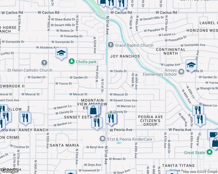 map of restaurants, bars, coffee shops, grocery stores, and more near 5064 West Mescal Street in Glendale