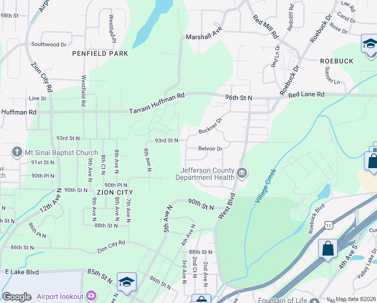 map of restaurants, bars, coffee shops, grocery stores, and more near 9013 Belcrest Drive in Birmingham