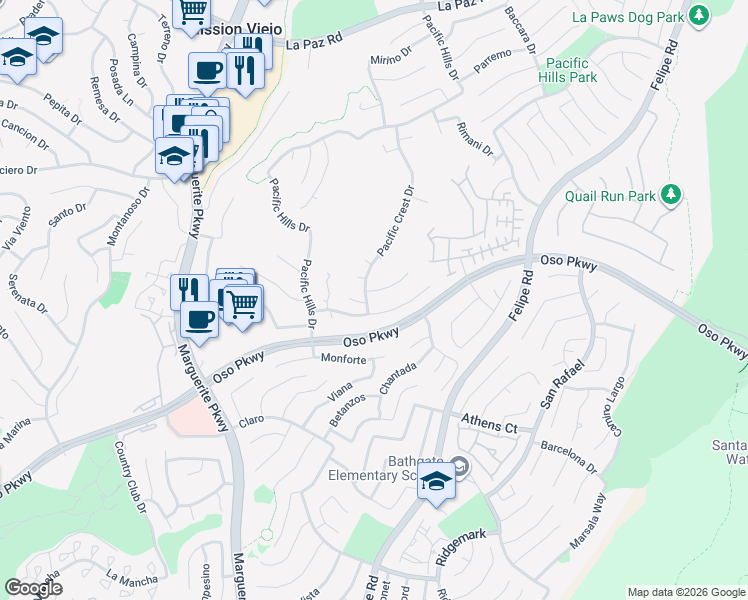 map of restaurants, bars, coffee shops, grocery stores, and more near 27380 Morro Drive in Mission Viejo