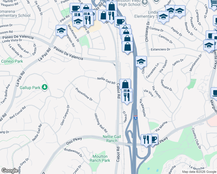 map of restaurants, bars, coffee shops, grocery stores, and more near 26031 Waterwheel Place in Laguna Hills