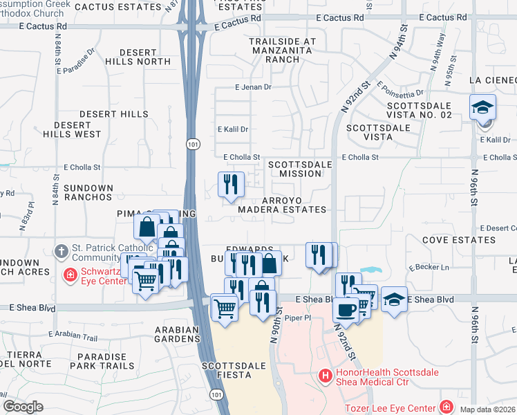 map of restaurants, bars, coffee shops, grocery stores, and more near 8936 East Mescal Street in Scottsdale