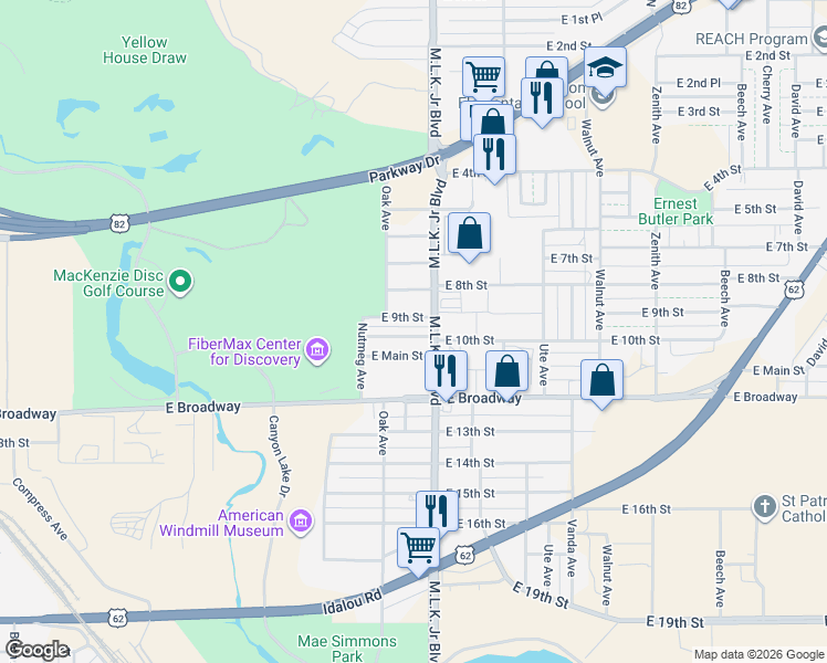 map of restaurants, bars, coffee shops, grocery stores, and more near 1525 East Main Street in Lubbock