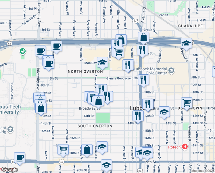 map of restaurants, bars, coffee shops, grocery stores, and more near 2010 10th Street in Lubbock