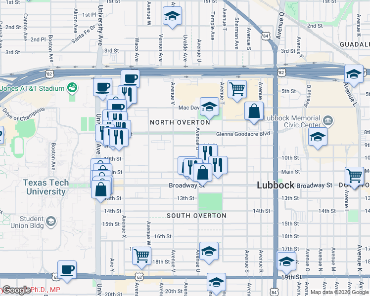 map of restaurants, bars, coffee shops, grocery stores, and more near 2132 10th Street in Lubbock