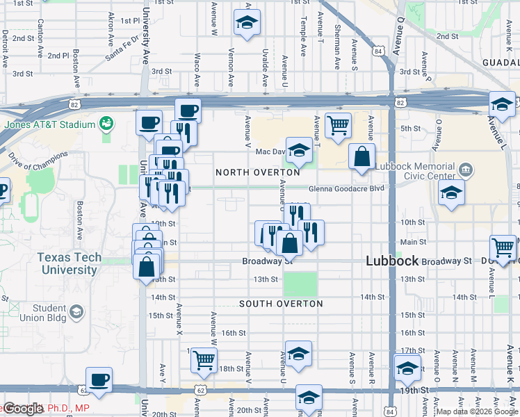map of restaurants, bars, coffee shops, grocery stores, and more near 2132 10th Street in Lubbock