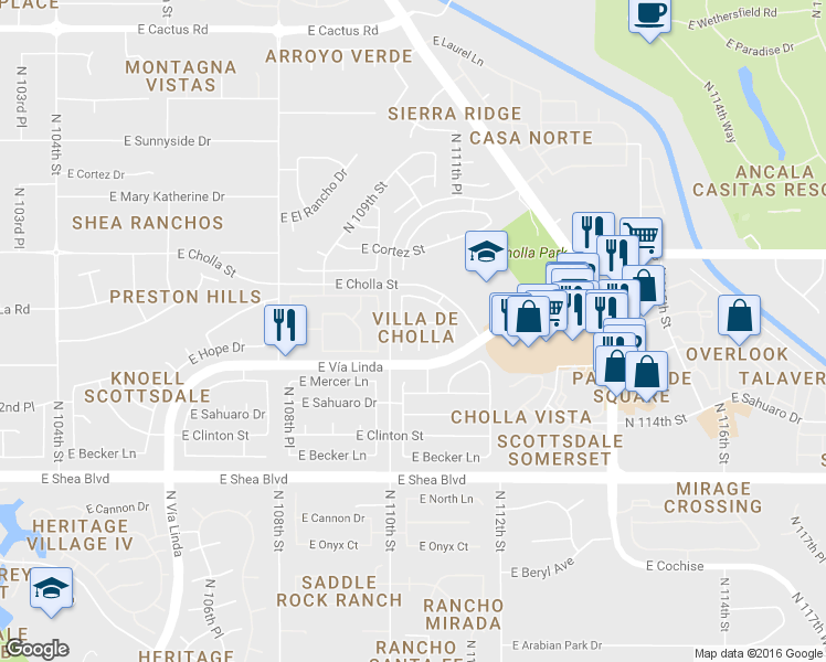 map of restaurants, bars, coffee shops, grocery stores, and more near 11031 North 110th Place in Scottsdale