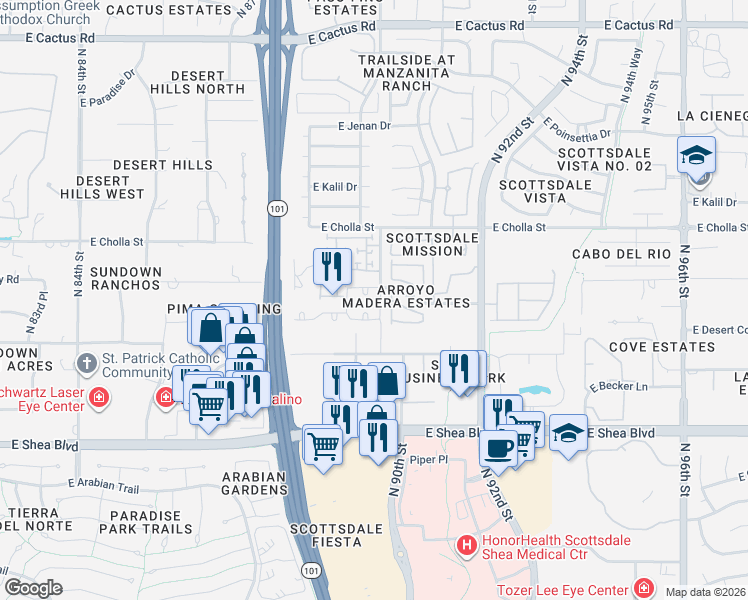 map of restaurants, bars, coffee shops, grocery stores, and more near 8936 East Mescal Street in Scottsdale