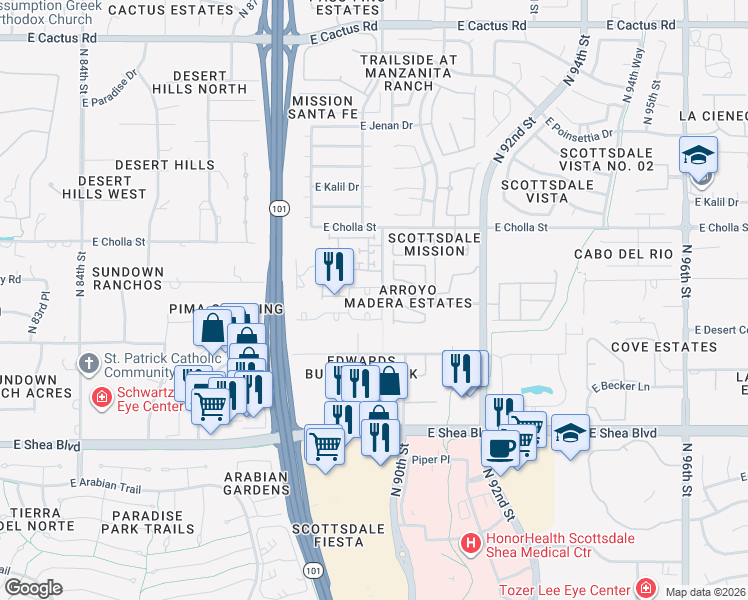 map of restaurants, bars, coffee shops, grocery stores, and more near 8936 East Mescal Street in Scottsdale