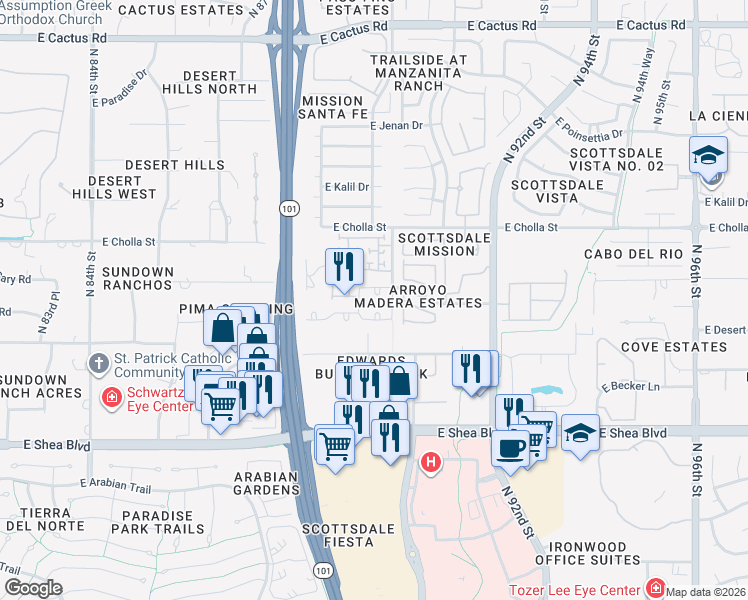 map of restaurants, bars, coffee shops, grocery stores, and more near 8936 East Mescal Street in Scottsdale