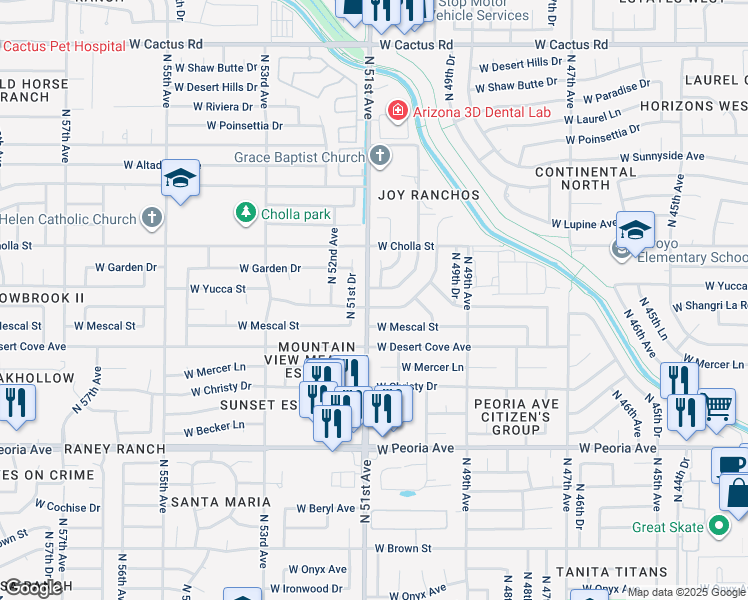 map of restaurants, bars, coffee shops, grocery stores, and more near 5064 West Mescal Street in Glendale