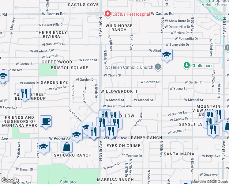 map of restaurants, bars, coffee shops, grocery stores, and more near 5744 West Mescal Street in Glendale