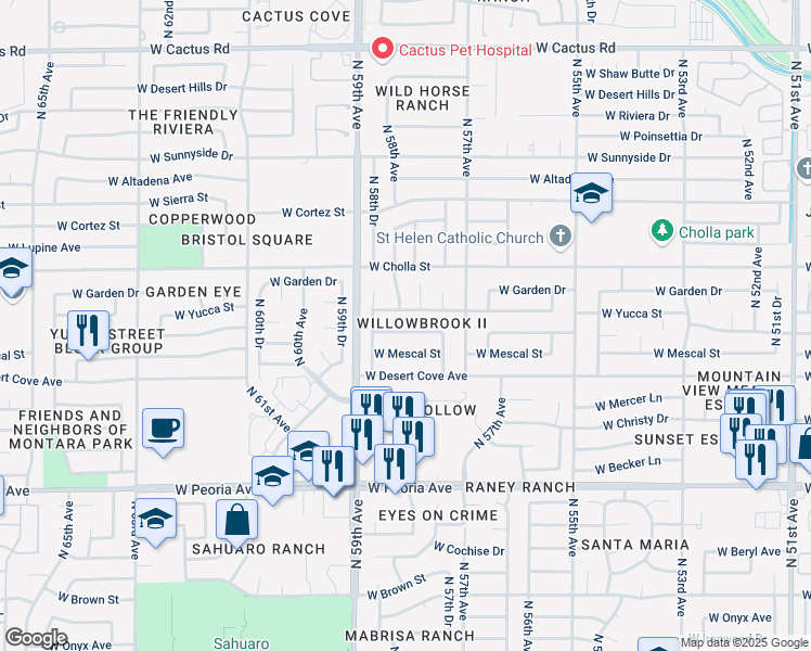 map of restaurants, bars, coffee shops, grocery stores, and more near 5744 West Mescal Street in Glendale