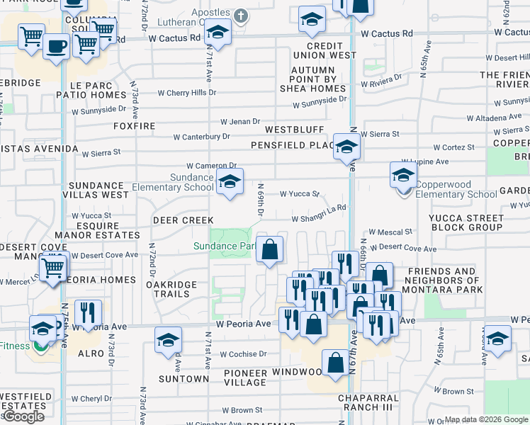 map of restaurants, bars, coffee shops, grocery stores, and more near 6857 West Shangri-la Road in Peoria