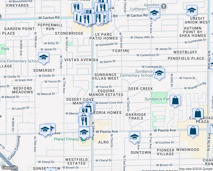 map of restaurants, bars, coffee shops, grocery stores, and more near 7402 West Shangri-la Road in Peoria