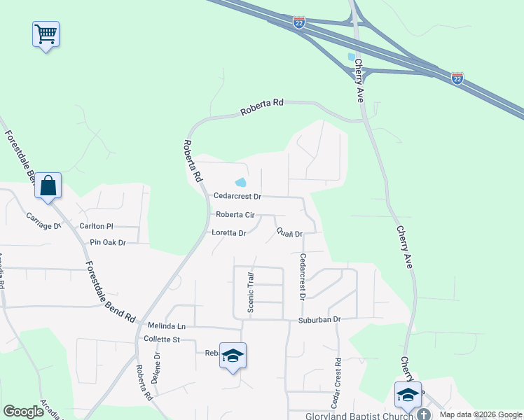 map of restaurants, bars, coffee shops, grocery stores, and more near 643 Loretta Drive in Birmingham