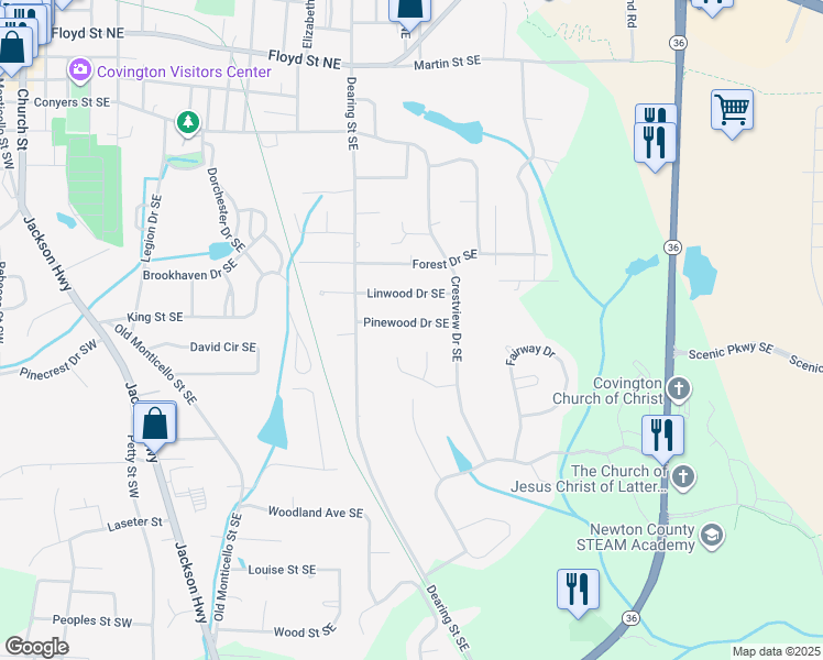 map of restaurants, bars, coffee shops, grocery stores, and more near 6176 Pinewood Drive Southeast in Covington