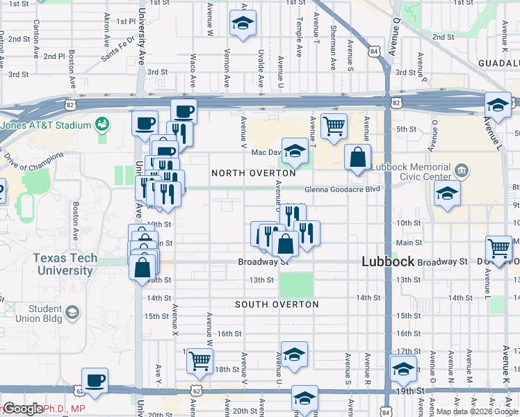 map of restaurants, bars, coffee shops, grocery stores, and more near 2132 10th Street in Lubbock