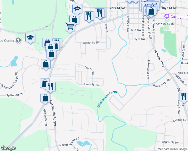 map of restaurants, bars, coffee shops, grocery stores, and more near 5199 Tew Lane Southwest in Covington
