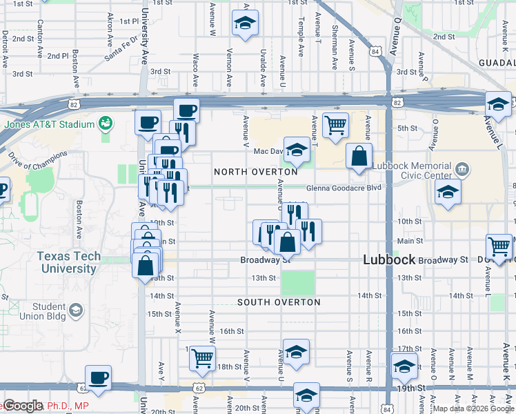map of restaurants, bars, coffee shops, grocery stores, and more near 2132 10th Street in Lubbock