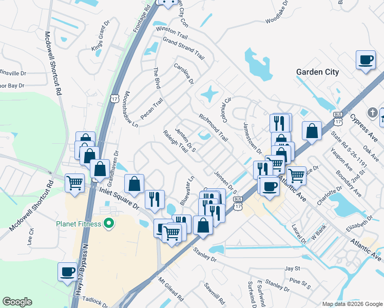 map of restaurants, bars, coffee shops, grocery stores, and more near 703 Raleigh Trail in Murrells Inlet