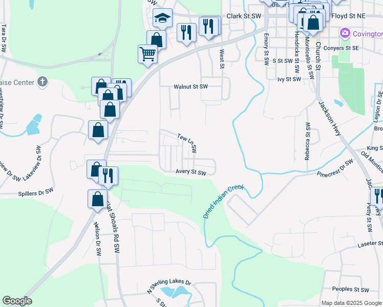 map of restaurants, bars, coffee shops, grocery stores, and more near 5200 Tew Lane Southwest in Covington