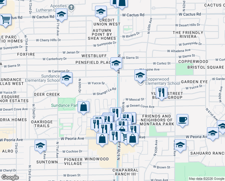 map of restaurants, bars, coffee shops, grocery stores, and more near 11219 North 67th Drive in Peoria