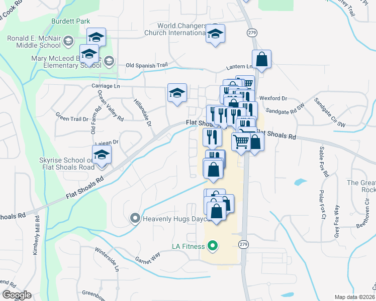 map of restaurants, bars, coffee shops, grocery stores, and more near 6229 Centennial Run in Atlanta