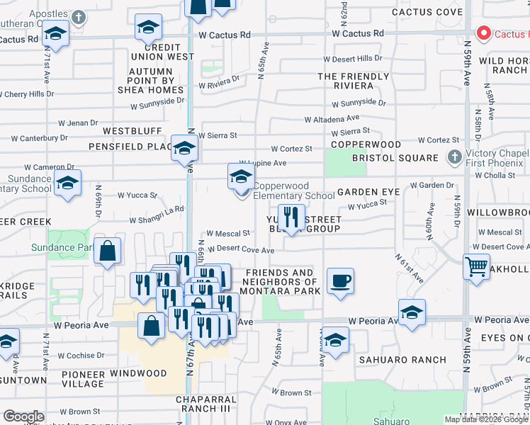 map of restaurants, bars, coffee shops, grocery stores, and more near 11233 North 65th Avenue in Glendale