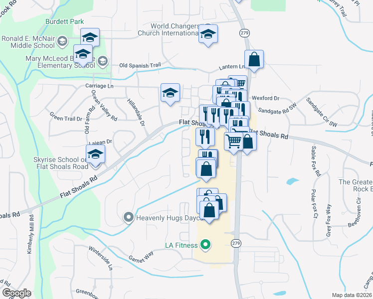 map of restaurants, bars, coffee shops, grocery stores, and more near 6229 Centennial Run in Atlanta