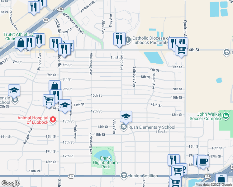 map of restaurants, bars, coffee shops, grocery stores, and more near 4804 9th Street in Lubbock