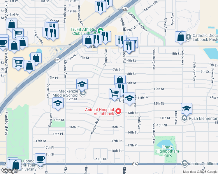 map of restaurants, bars, coffee shops, grocery stores, and more near 5224 9th Street in Lubbock