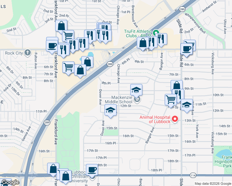 map of restaurants, bars, coffee shops, grocery stores, and more near 5442 9th Street in Lubbock