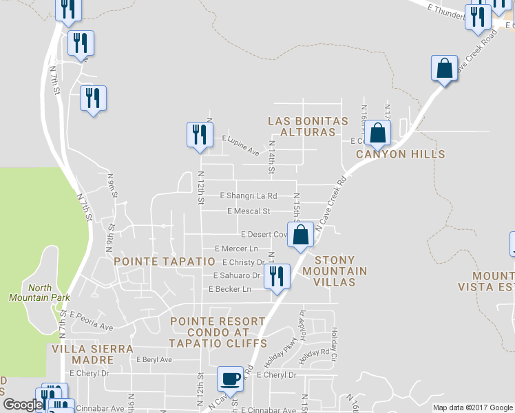 map of restaurants, bars, coffee shops, grocery stores, and more near 1330 East Shangri La Road in Phoenix
