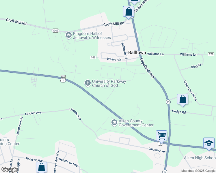 map of restaurants, bars, coffee shops, grocery stores, and more near 140 Majestic Oak Way in Aiken