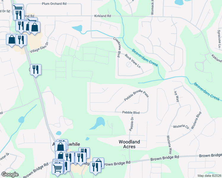 map of restaurants, bars, coffee shops, grocery stores, and more near 110 Pebble Lane in Covington