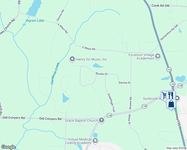map of restaurants, bars, coffee shops, grocery stores, and more near 189 Brooks Drive in Stockbridge